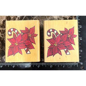 Holiday Wood Mounted rubber Stamp Candy Cane Poinsettia Christmas Floral